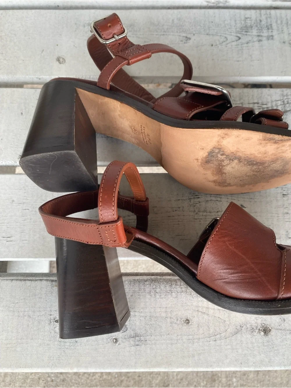 A.P.C. Tess Leather Buckle Block Heel Strappy Sandals Hazelnut Quiet Luxury 39/9